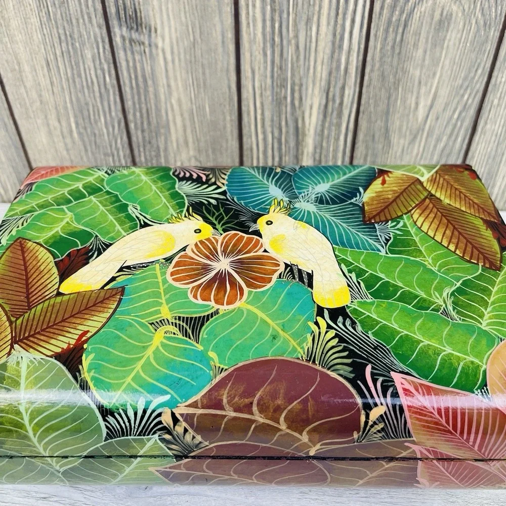 Vintage Hand Painted Wooden Box Parrot Floral Jewelry Storage Trinket